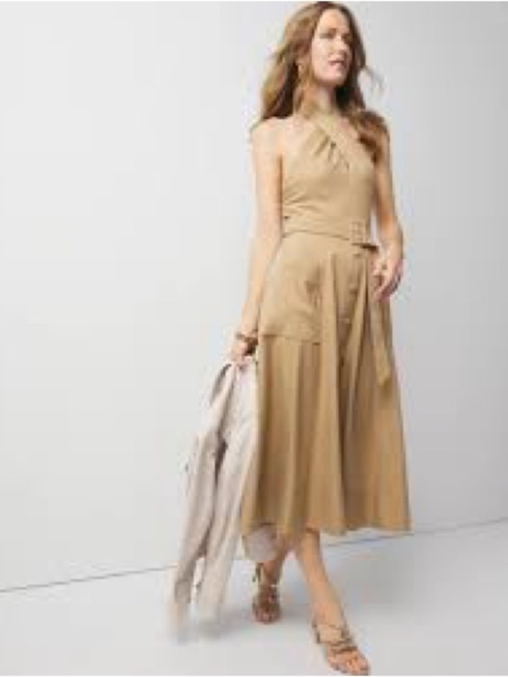 White House Black Market Khaki Halter Button-Front Belted Midi Dress